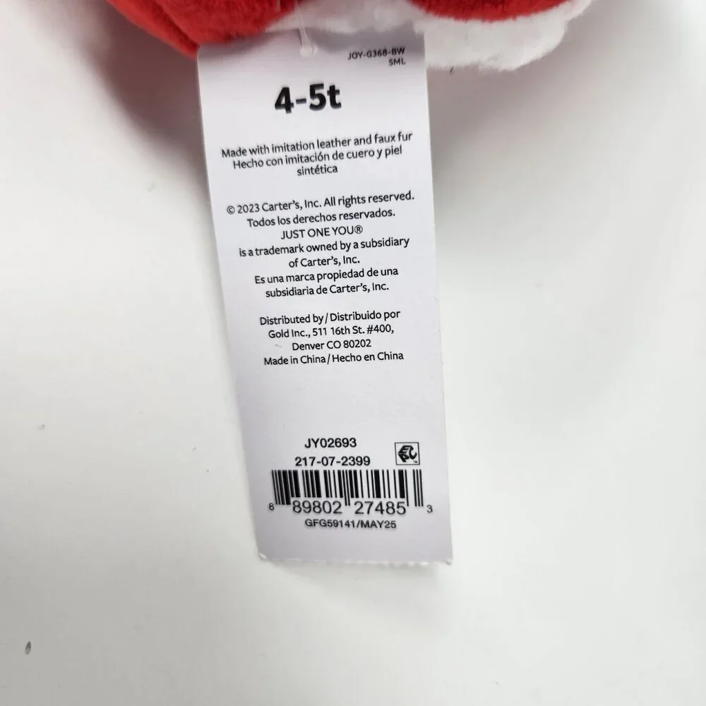 Carters Baby Santa Slippers Red With White Faux Fur Size 4-5T Anti-Slip Sole NWT